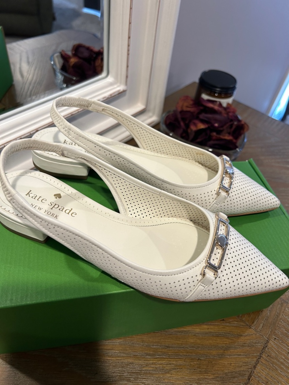 kate spade White Perforated Pointed Hallie Slingback Flats with Hardware